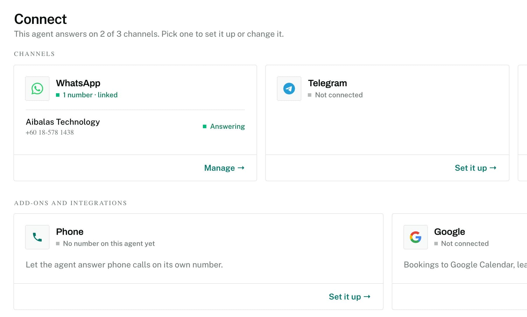 The aiBalas Connect page: WhatsApp linked and answering, Telegram ready to set up