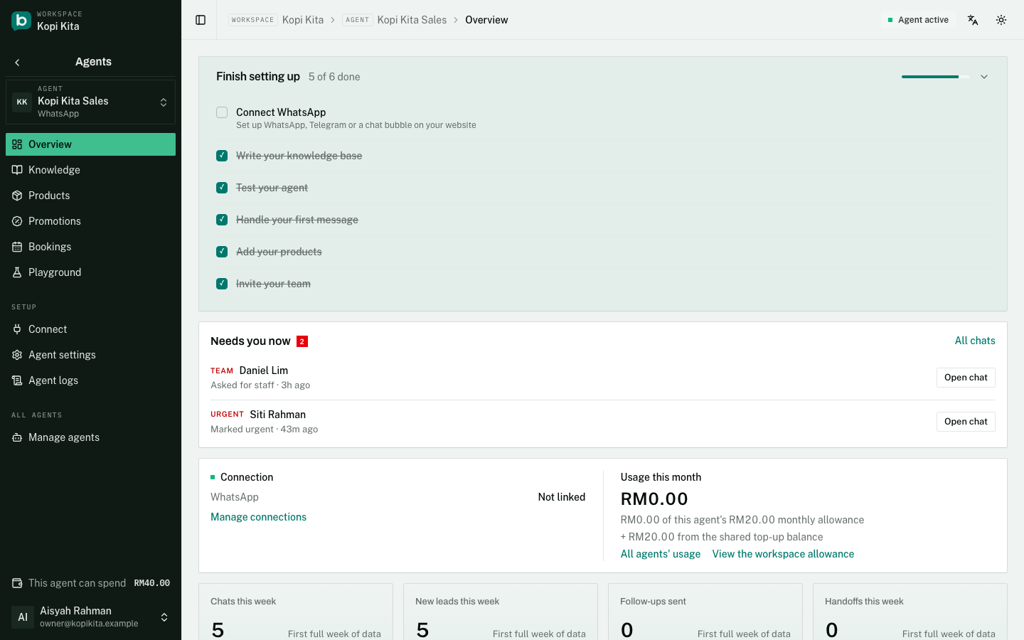 The agent Overview page: the setup checklist with five of six items done, and the conversations that need someone now.