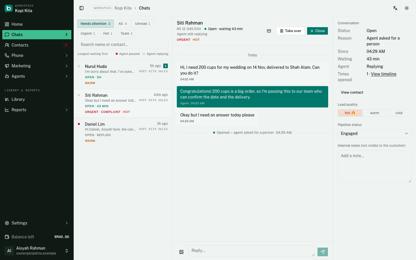 Chats: Needs attention and its chips on the left, an open conversation on the right with Take over and Close, and the conversation panel with how long it has waited.