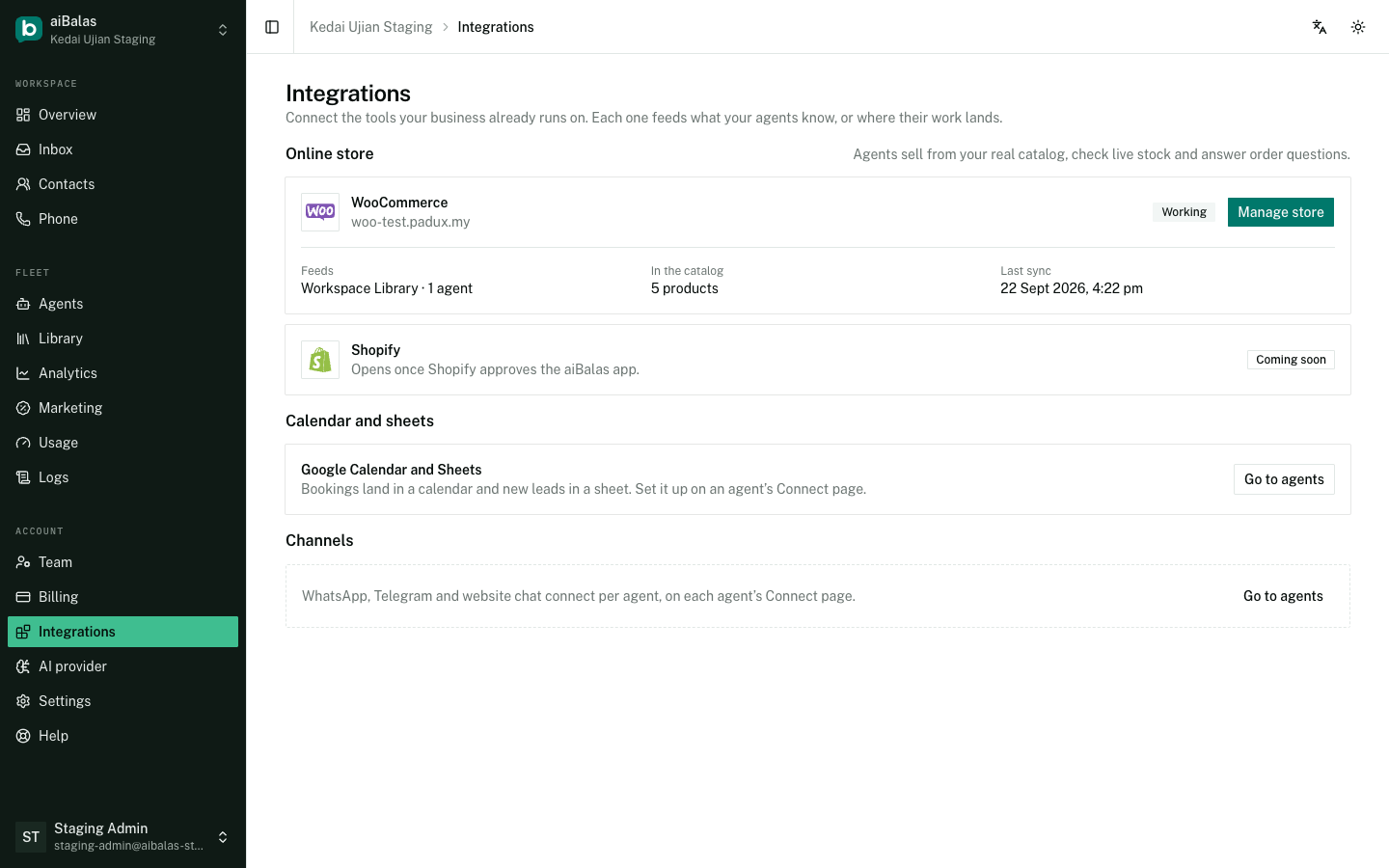 The Integrations page with a WooCommerce store connected and Shopify waiting for approval.