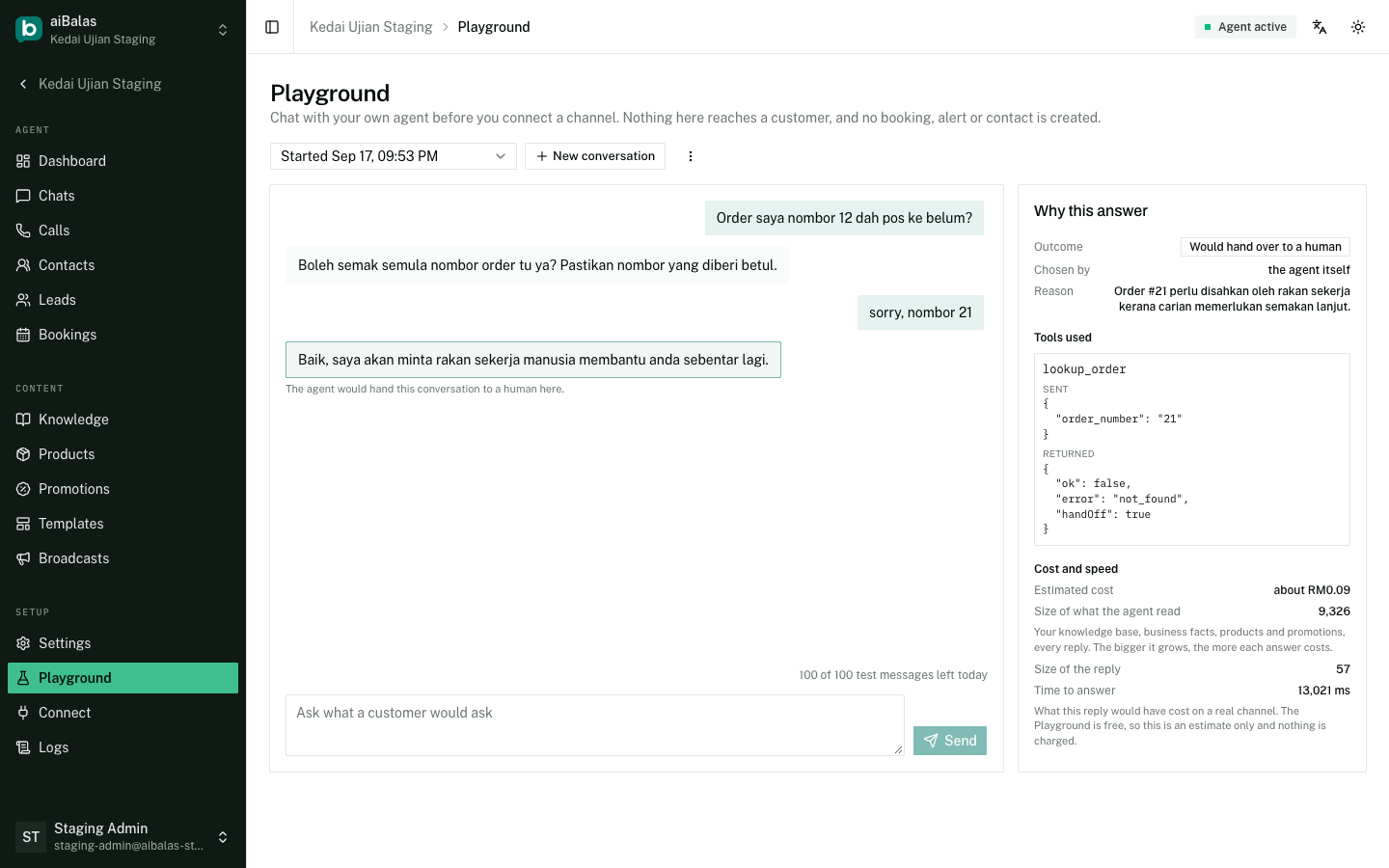 A Playground conversation with the diagnostics panel: the decision, the tool it called, and what the reply would have cost.