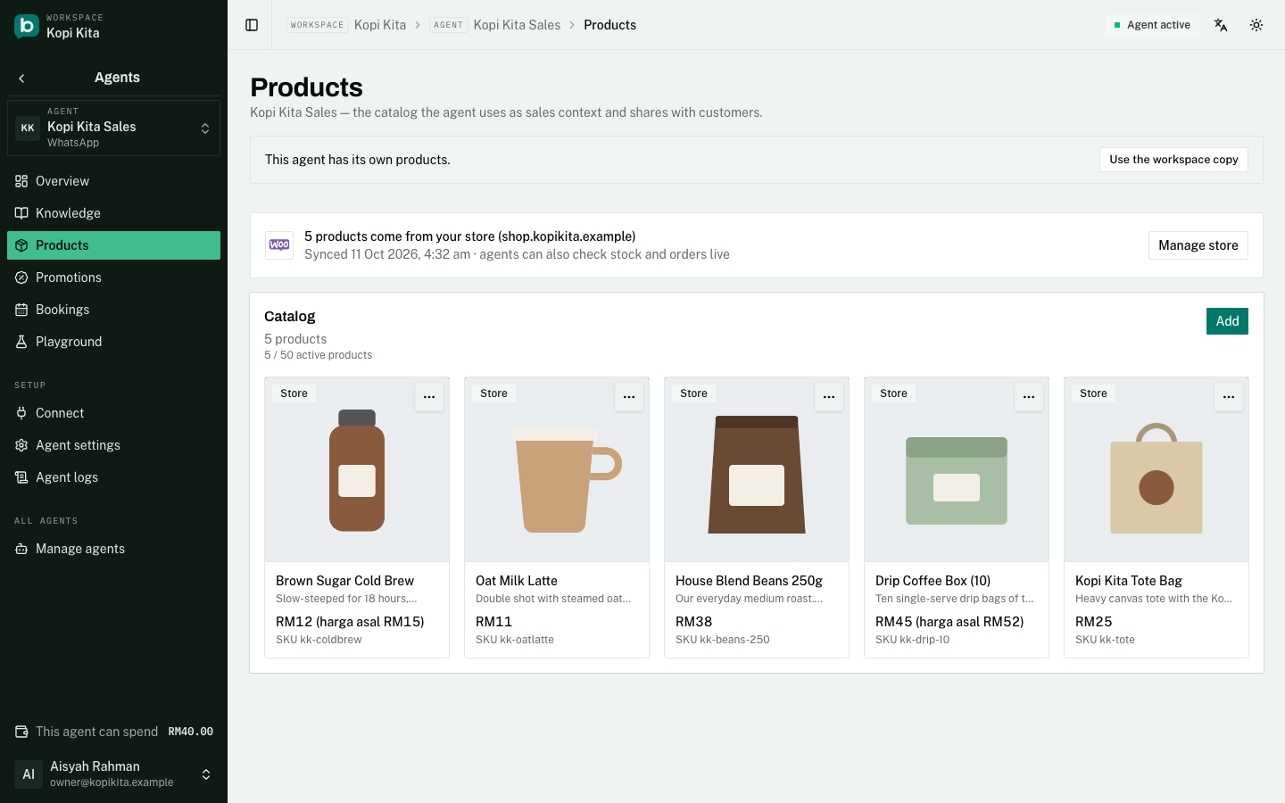Products picked from a connected store: each card is marked Store, with the store's own price and SKU.