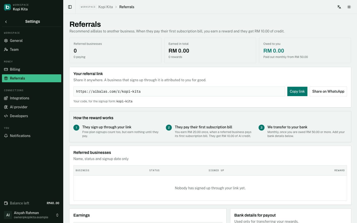 The Referrals page: your referral link, how the reward works, and who has signed up.