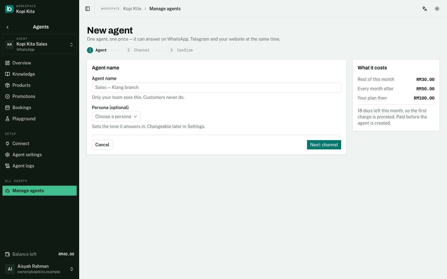 The New agent wizard, step 1: name, persona, and the cost panel.