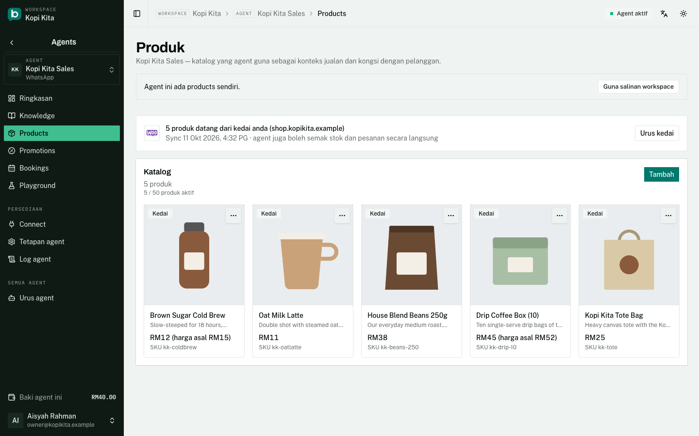 Produk yang dipilih dari kedai yang disambung: setiap kad ditandakan Kedai, dengan harga dan SKU kedai itu sendiri.
