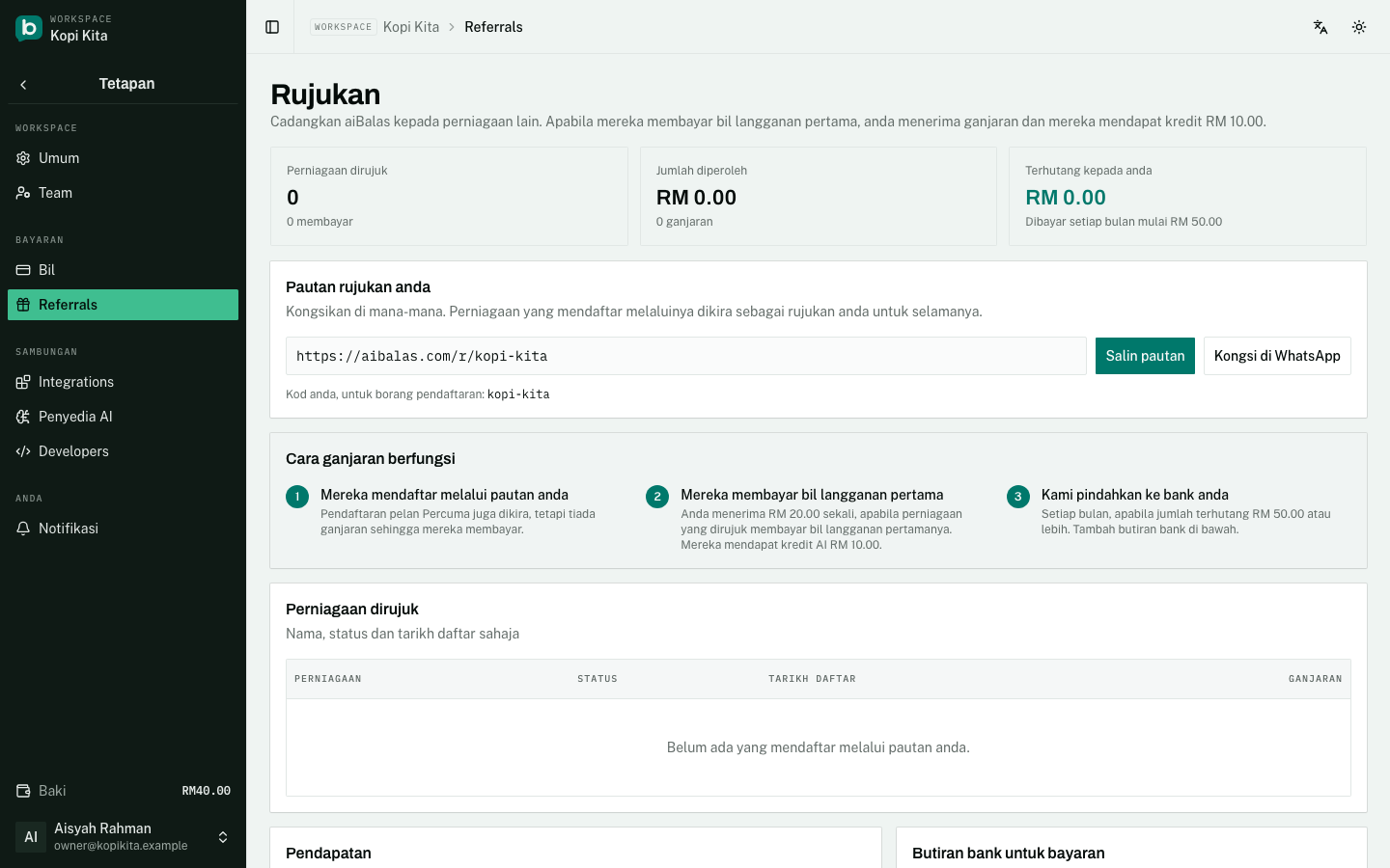 Halaman Referrals: pautan rujukan anda, bagaimana ganjaran berfungsi, dan siapa yang sudah mendaftar.