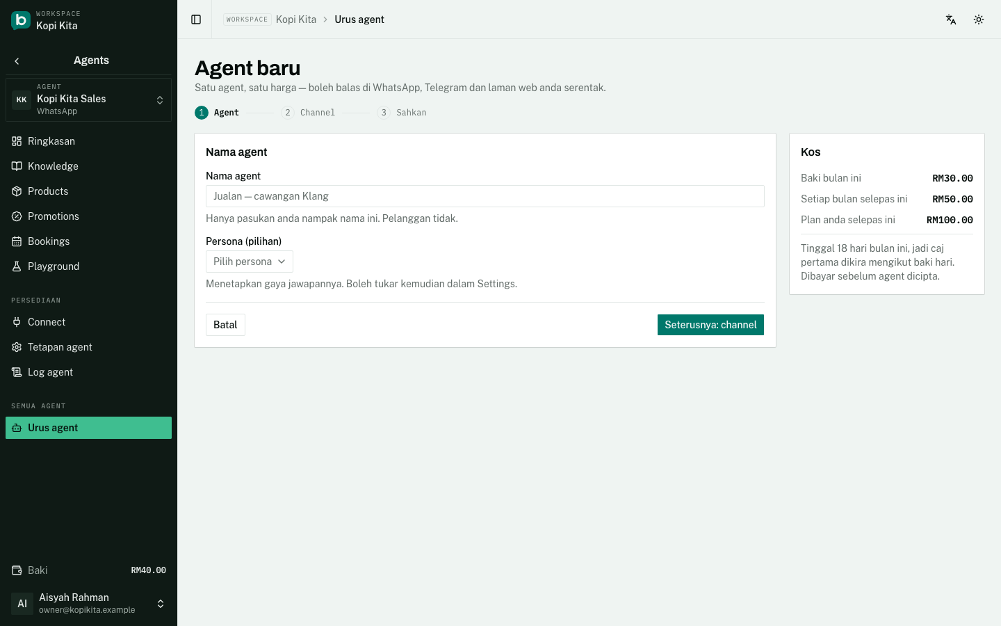 Wizard Agent baru, langkah 1: nama, persona, dan panel kos.